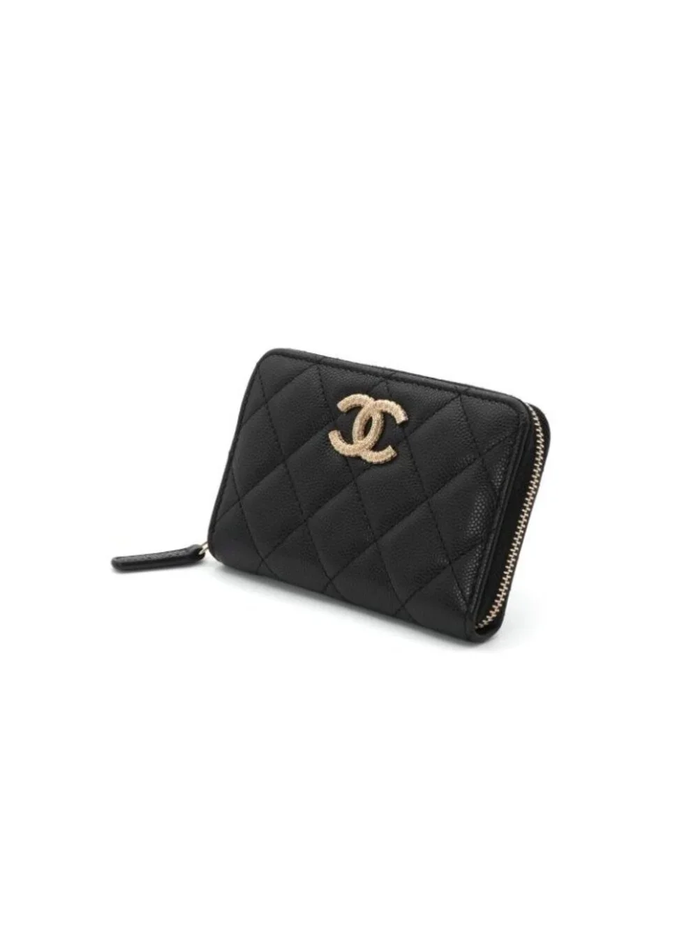 Chanel Wallet Coin Purse Black Gold Fragment Case CC Logo Quilted